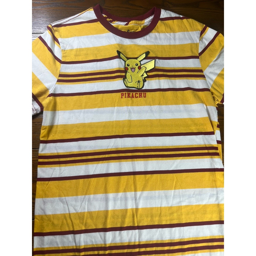 Pokemon Men's T-Shirt Size M Pikachu Graphic Tee Red Yellow White Striped